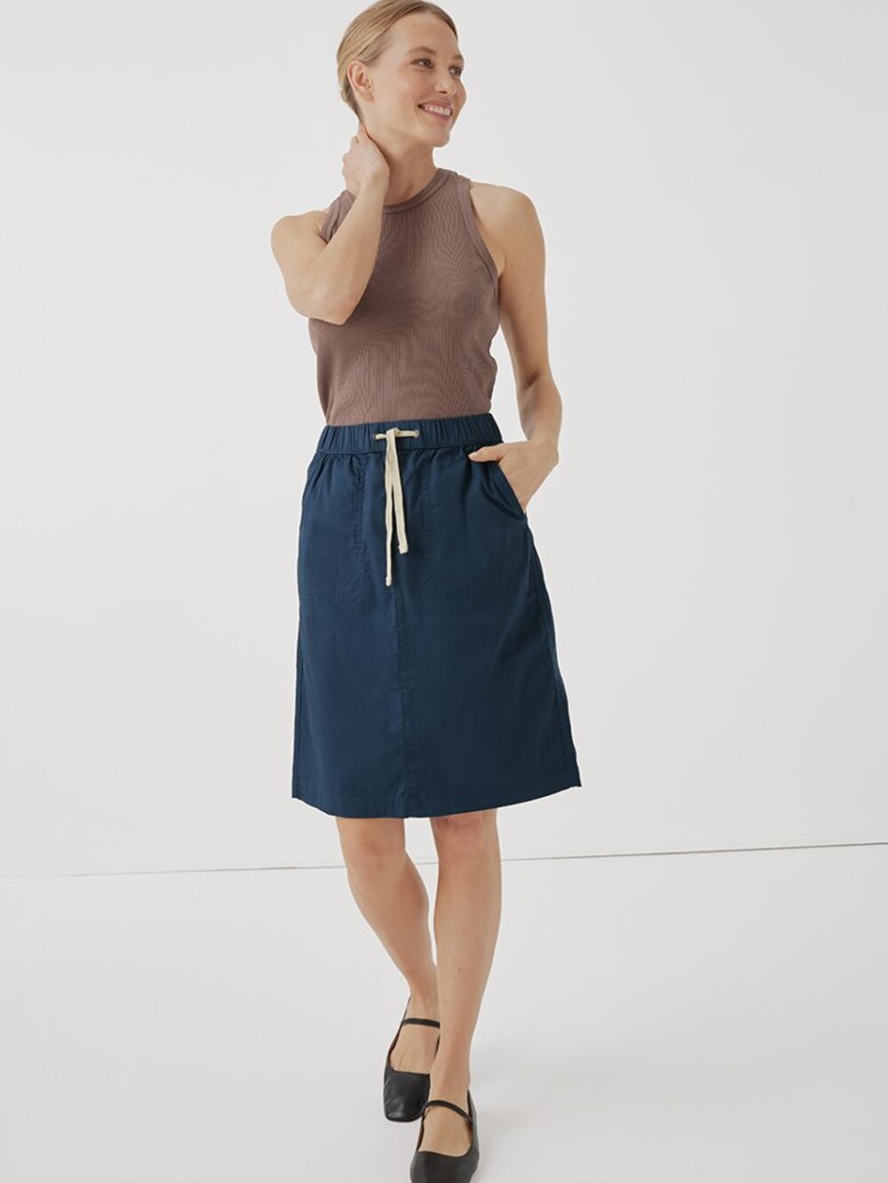 NWOT Pact Women's Organic Cotton Skirt, in Navy Blue, with Elastic Waistband